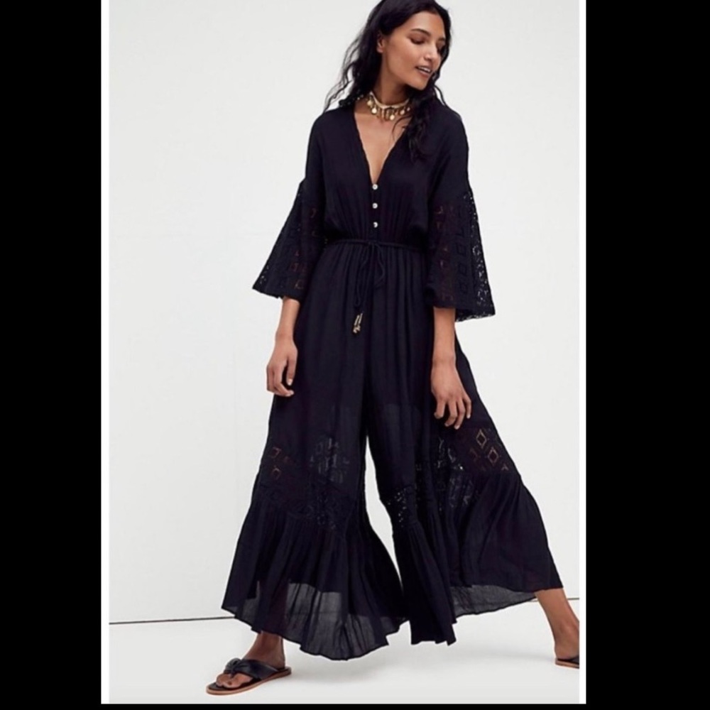 Free People Angela front button crochet jumpsuit